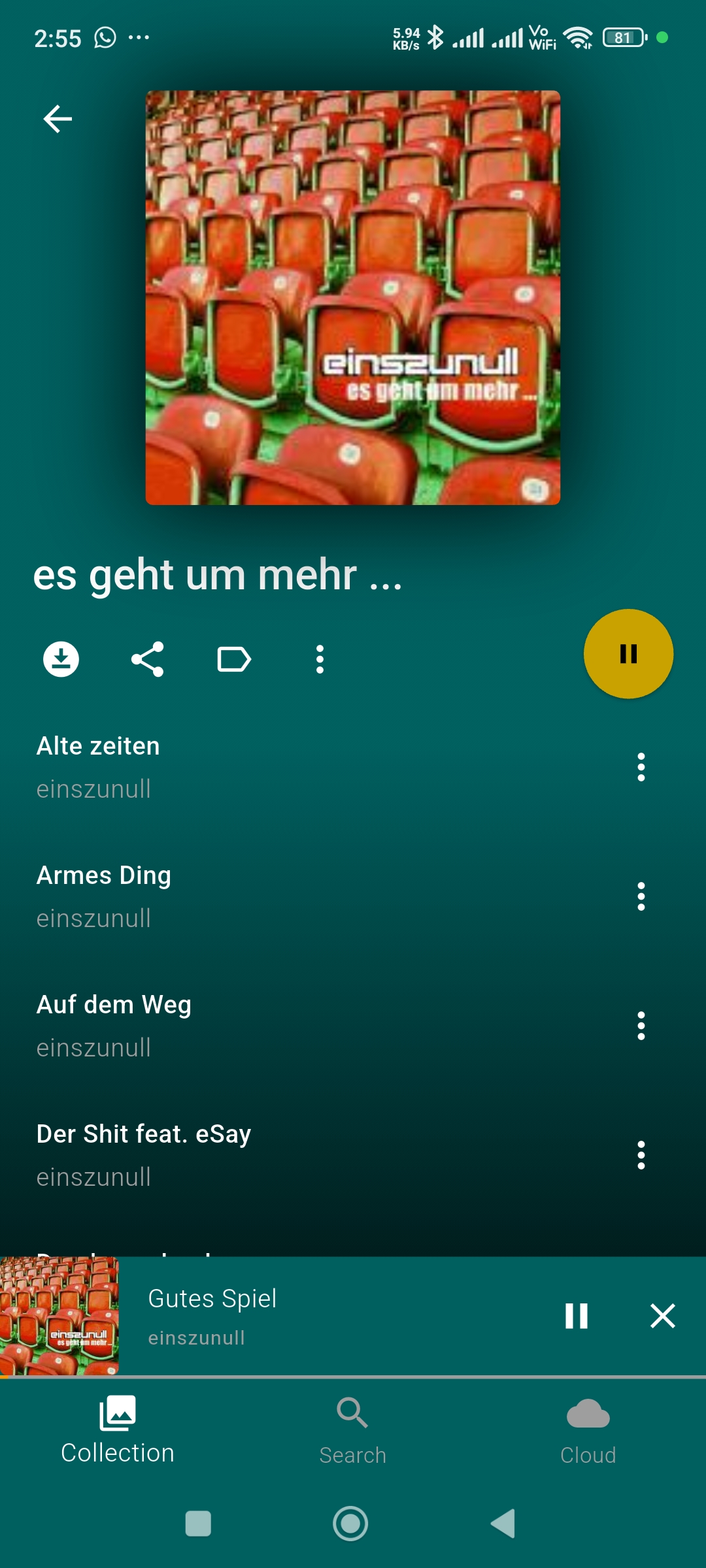 Album detail view with track list, download/share/tag actions and a play button