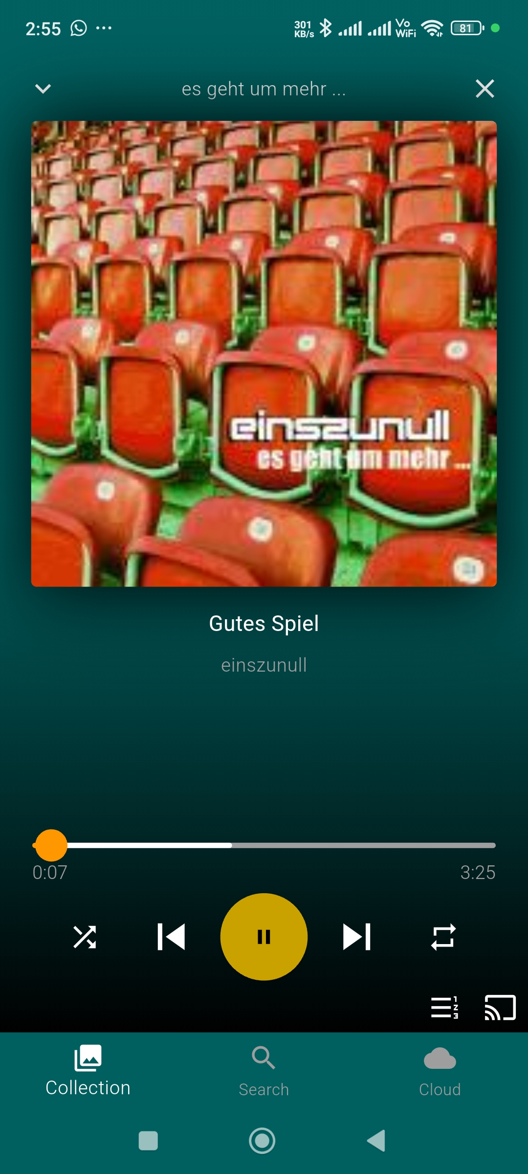 Full-screen player with cover art, progress bar, shuffle/repeat and cast button