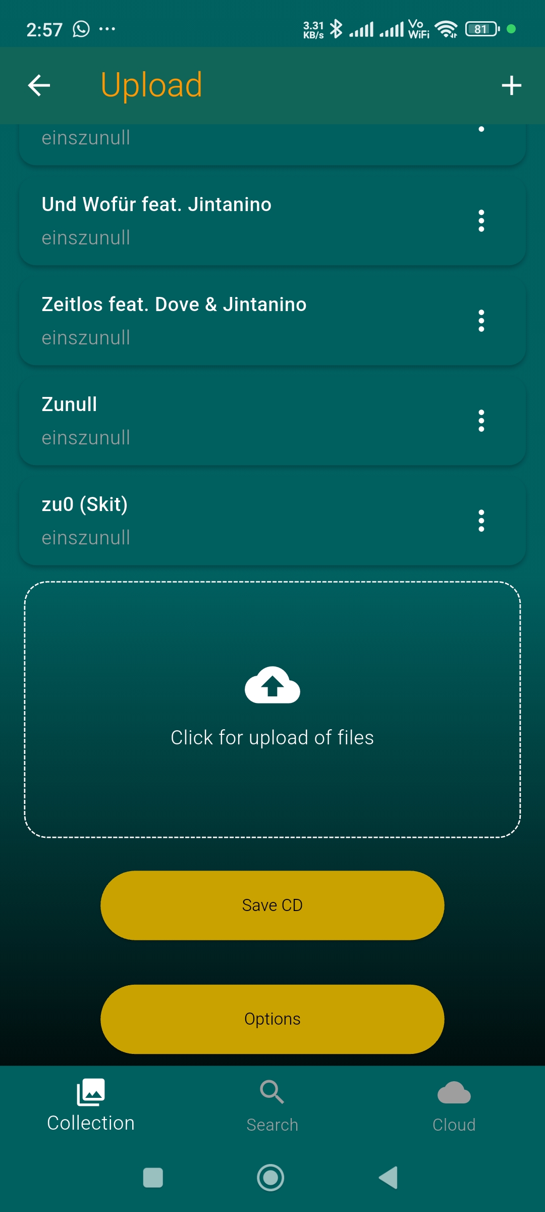 Upload view with track list and Save CD / Options buttons