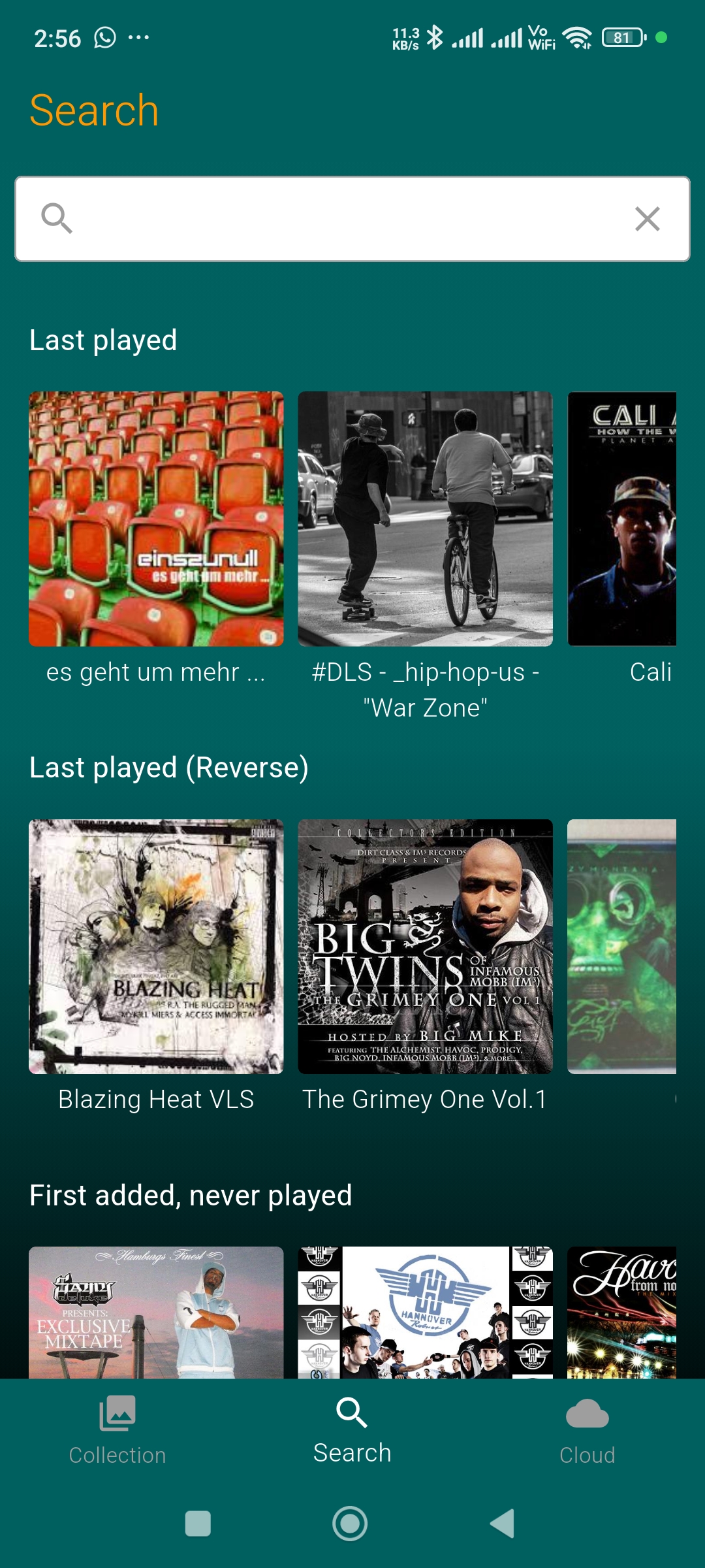 Search tab showing a search bar plus Last played, Last played reverse, and First added never played sections