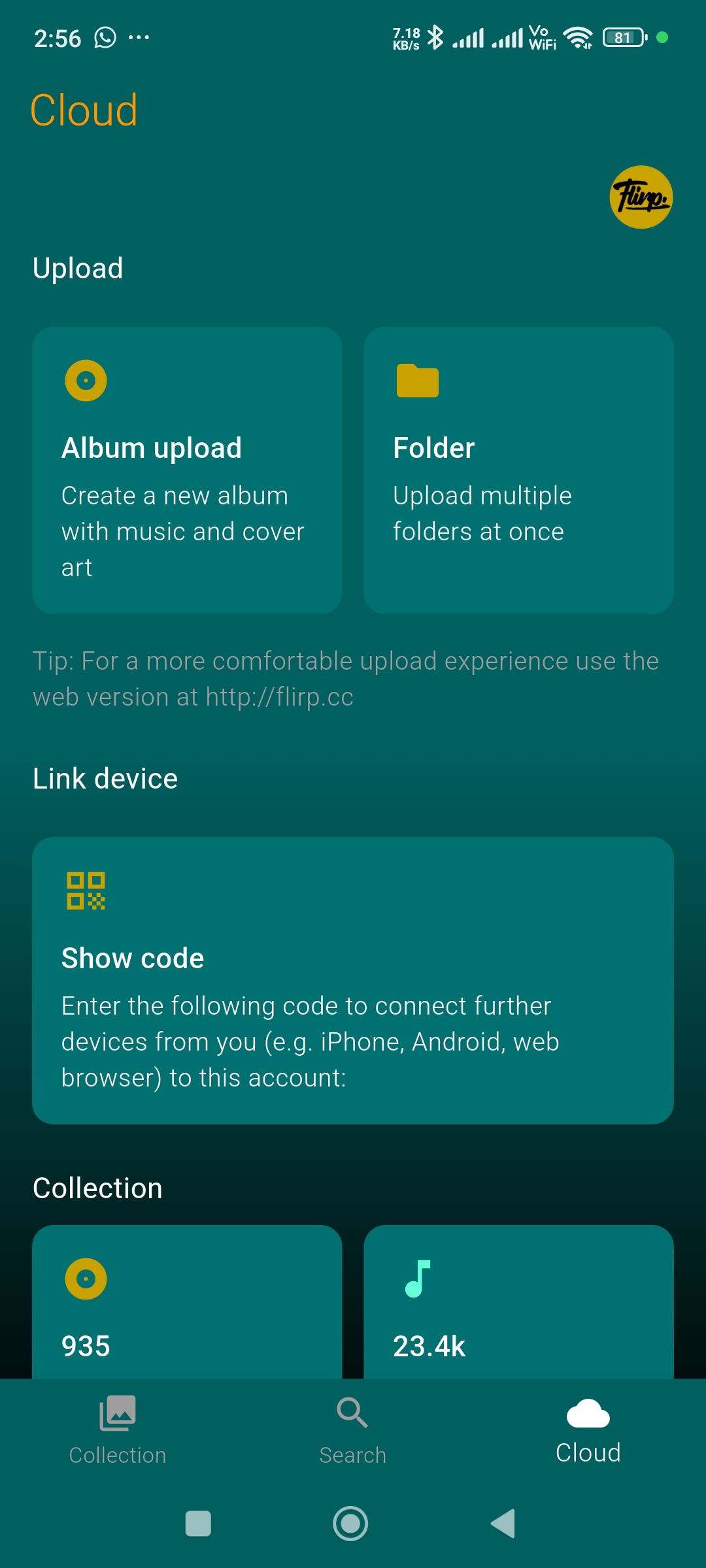 Cloud tab with album upload, folder upload, link device code and collection stats showing 935 CDs and 23 thousand tracks