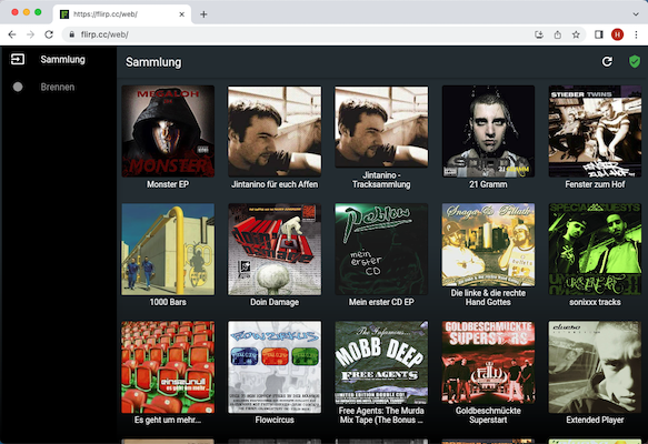 flirp.cc web player showing the album library in a browser window